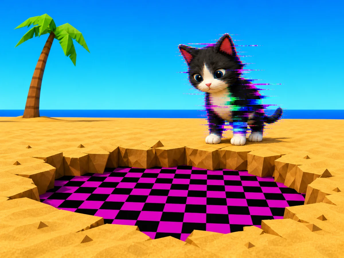 The kitten at the edge of a hole where the sand texture failed
