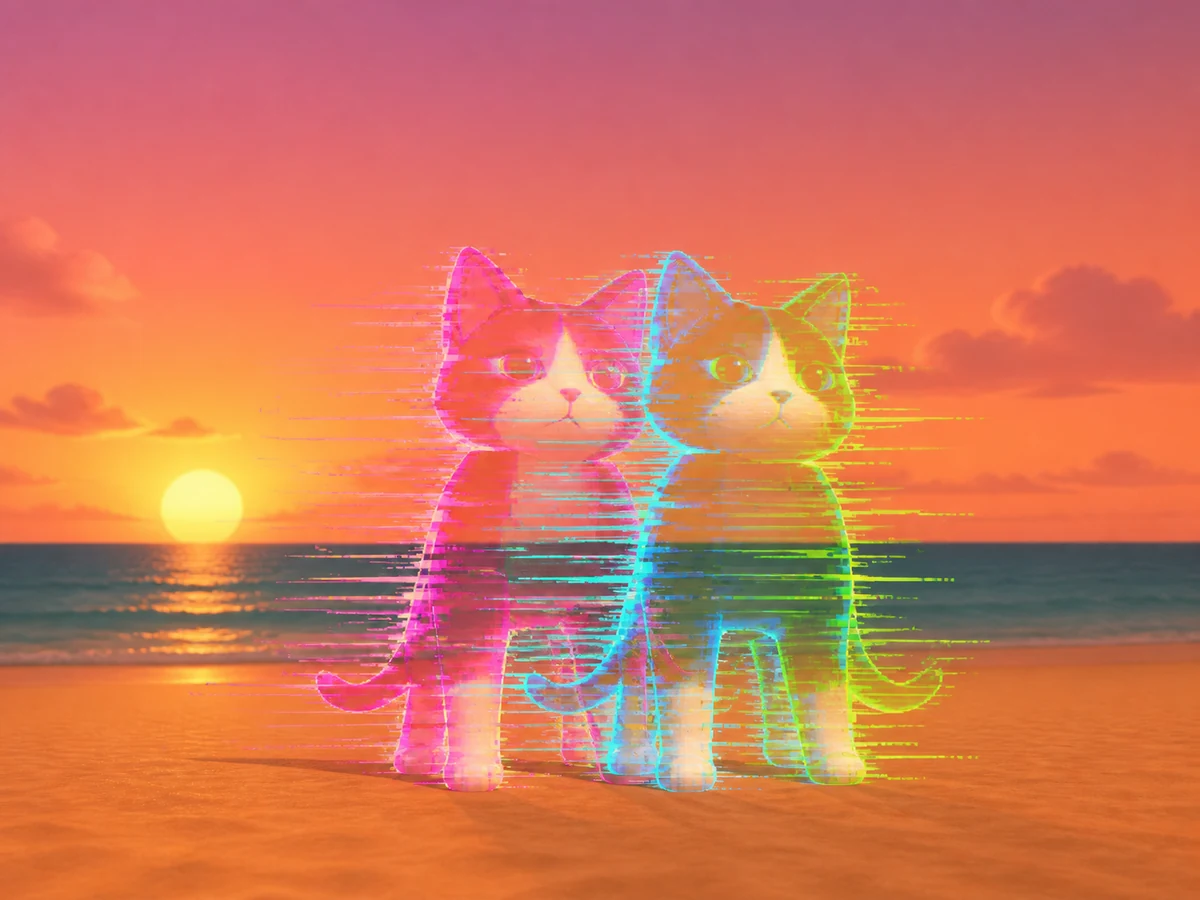 The kitten on the beach at sunset