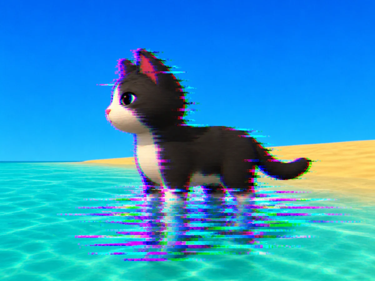 The kitten at the edge of the flat sea